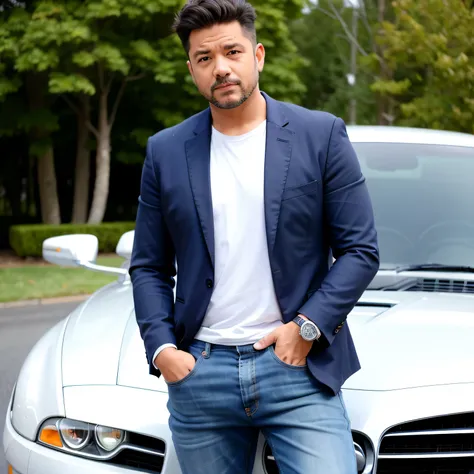 A man dressed casually, looking at the camera, posing in front of a car, realistic
