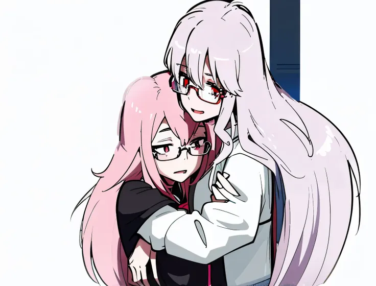 anime girl hug another girl with pink hair and glasses, sasoura, mirai nikki, anime moe art style, inspired by ib eisner, [[[[ev...