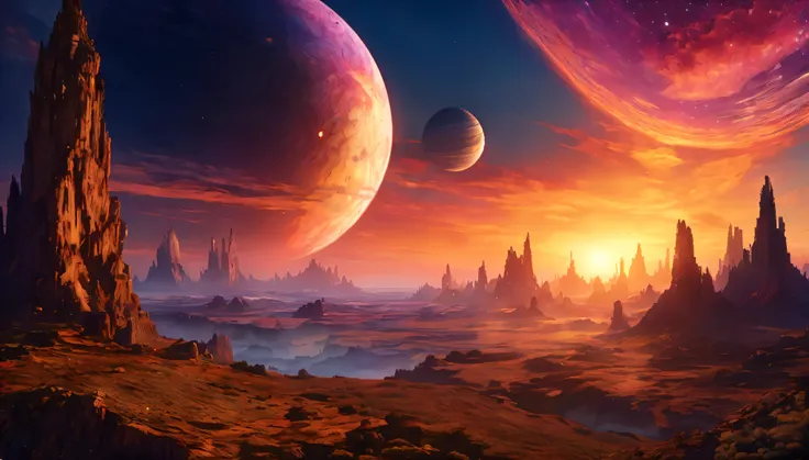 a magnificent sunset on a strange and mysterious planete. Its very textured and detailed with dreaming lot of multicolored