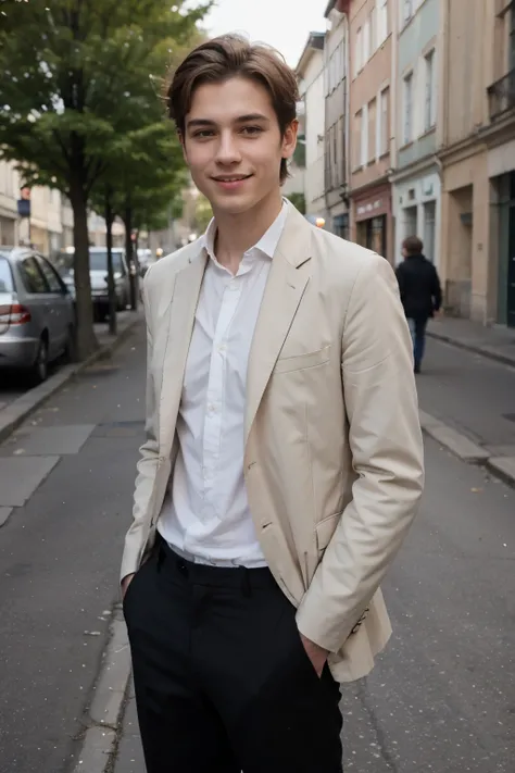 Generate me, un homme adolescent, he is dressed classy, il a un sourire a laméricaine il est suédois, il a les yeux vert en amande et il a les cheveux courts blonds, et il est dans la rue a Toulouse