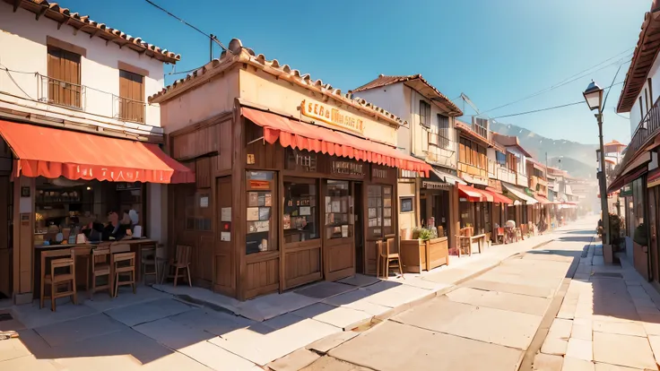 ((mejor calidad, 8K, obra maestra: 1.3)) panoramic of a street, de una zona comercial, con un cafe, una restaurante, con mucha gente caminando por las aceras, Estilo Pixar, gloomy, Negativo, retorcido, strange,
