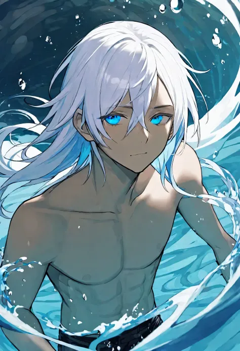 54,male,blue eyes,tan skin,long white hair,alternative emo style clothing,water manipulating powers