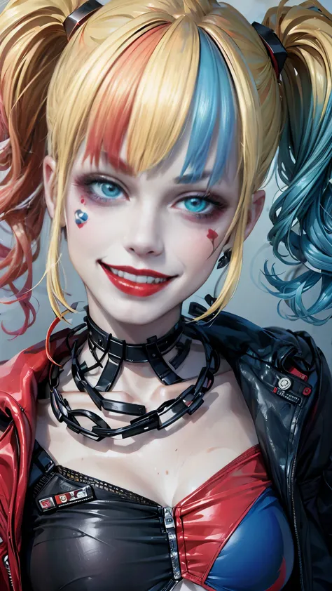 maximum quality、obra-prima、super high resolution、(Photorealistic:1.4)、1 garota、((Harley Quinn)), (garota de corpo inteiro), foto de corpo inteiro, , Cabelo brilhante, cabelo curto, cabelo liso, cabelos brilhantes e limpos, mecha de cabelo na cor rosa, mech...