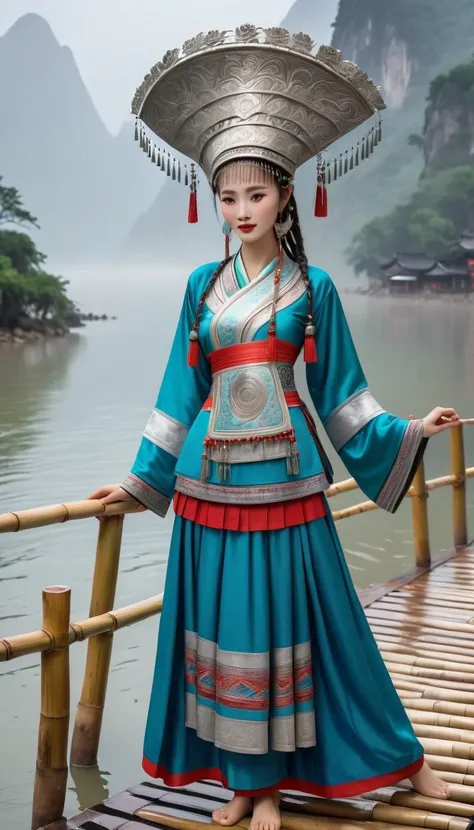 (best quality,8K,masterpiece:1.2),landscape background，Lijiang River mist and rain，Beautiful karst landforms，Astonishing,Inspired by the myths and legends of Guilin, China:Liu Sanjie，Gorgeous Chinese girl,Queen,Detailed skin details,Bright Eyes,Gorgeous ey...