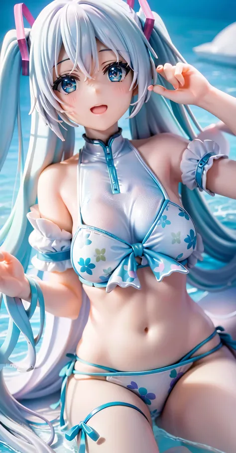 hay una figura de pvc de hatsune miku muy detallado y de gran resolucion 8k, He is sitting on a pink bed wearing a light blue swimsuit.., tiene una piel perfecta, muy clara y fina y un rostro angelical, lleva 2 coletas  pelo de color celeste , ojos de colo...