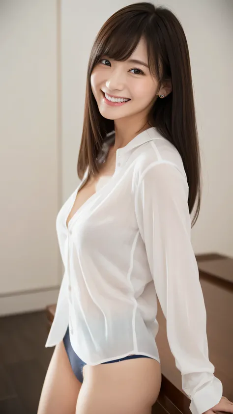 High-ranking women、grinning expression、wearing a white shirt、studio photography、inside the house、one woman、white button shirt、大きなwhite button shirt、various poses、gravure、Only sexy gray panties underneath、shot from the side、big breasts