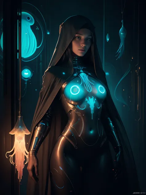 there is a woman with a veil and glowing body in a dark room, beeple and james jean, 3 d neon art of a womens body, beeple and alphonse mucha, beeple art, beeple daily art, beeple. hyperrealism, james jean and wlop, psychedelic organic cyborg, jellyfish pr...