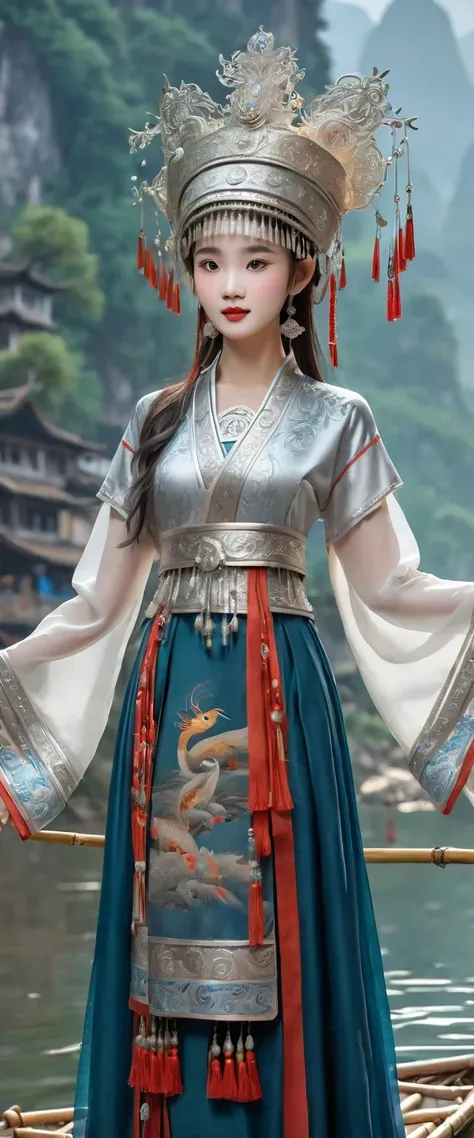 (best quality,8K,masterpiece:1.2),landscape background，Lijiang River mist and rain，Beautiful karst landforms，Astonishing,Inspired by the myths and legends of Guilin, China:Liu Sanjie，Gorgeous Chinese girl,Queen,Detailed skin details,Bright Eyes,Gorgeous ey...