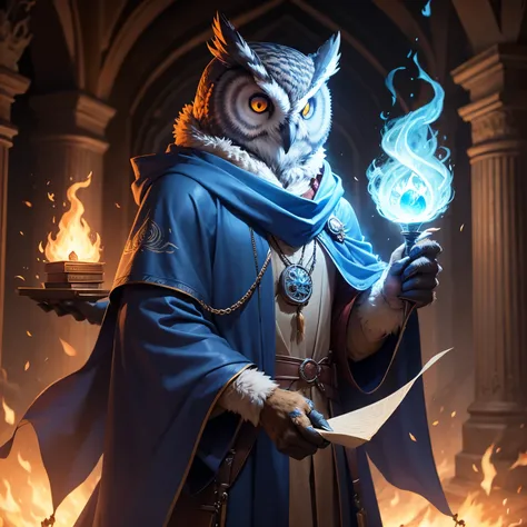 An Owl(furry) as an Mage with a blue cloak and fire in his hands