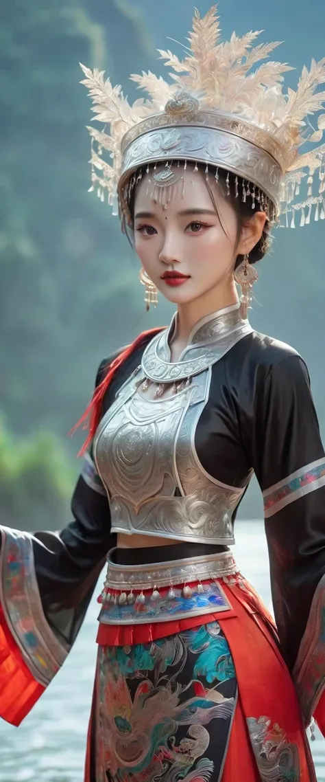 (best quality,8K,masterpiece:1.2),landscape background，Lijiang River mist and rain，Beautiful karst landforms，Astonishing,Inspired by the myths and legends of Guilin, China:Liu Sanjie，Gorgeous Chinese girl,Queen,Detailed skin details,Bright Eyes,Gorgeous ey...