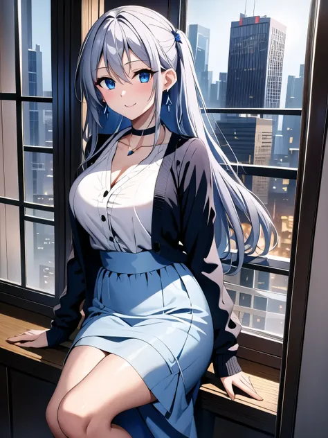 (masterpiece), highest quality, blue eyes, light gray hair, expressive eyes, horhaya, a room in a high-rise apartment、admire the...