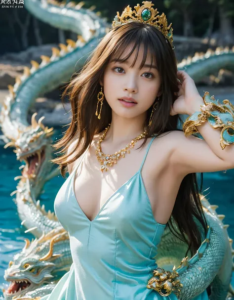 (very heavy chest)、highest quality、masterpiece、ultra high resolution、（green dragon armor）、(((Metal製))),(((big breasts)))、(((white micro bikini))),(she wears a beautiful crown made of precious stones.),(Photoreal:1.4)、RAW photo、1 girl、(((random hair))、(((co...