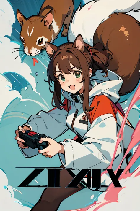 Girl wearing anime squirrel coat holding game controller and having fun