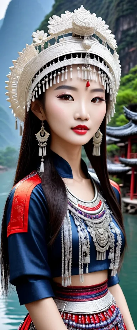 (best quality,8K,masterpiece:1.2),landscape background，Lijiang River mist and rain，Beautiful karst landforms，Astonishing,Inspired by the myths and legends of Guilin, China:Liu Sanjie，Gorgeous Chinese girl,Queen,Detailed skin details,Bright Eyes,Gorgeous ey...