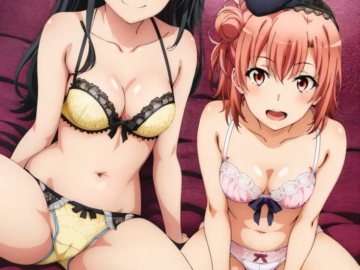 2 girls , Yukinoshita Yukino , yuigahama yui&#39;the bust is amazing,In underwear,,pale yellow panties,red ribbon on panties,pale pink silk panties,,spread your legs,(high angle),beautiful eyes,open your mouth,smile,,face close up,Put it on your head