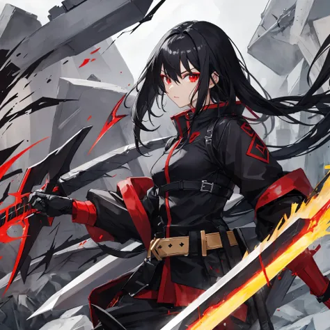 female, black hair, red eyes, use yellow sword thunder