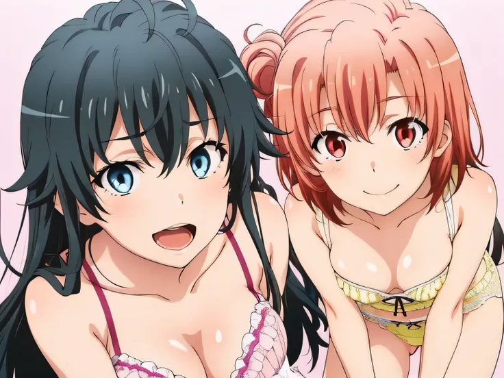 2 girls , Yukinoshita Yukino , yuigahama yui'the bust is amazing,In underwear,,pale yellow panties,red ribbon on panties,pale pink silk panties,,spread your legs,(high angle),beautiful eyes,open your mouth,smile,,face close up,Put it on your head