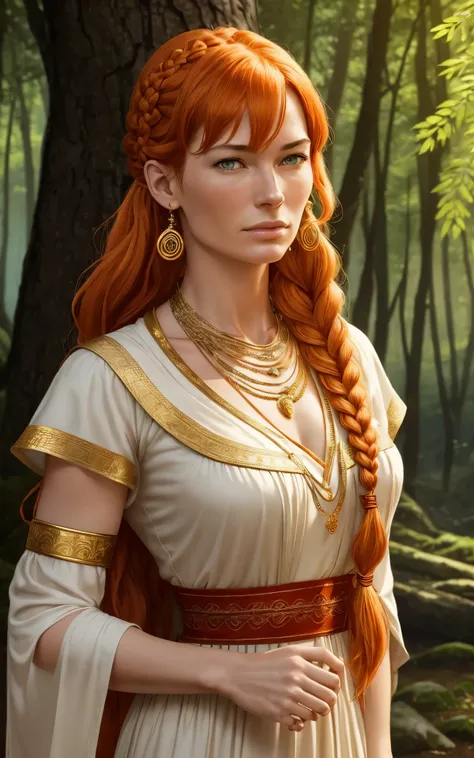 Flamme, (young Lena Headey:Evangeline Lilly), A 35-year-old woman with orange hair, green eyes, sideburns, one large braid, a gold necklace with a ruby pendant, dressed in a white Greek tunic and Roman sandals, with gold bracelets on her arms, forest in th...