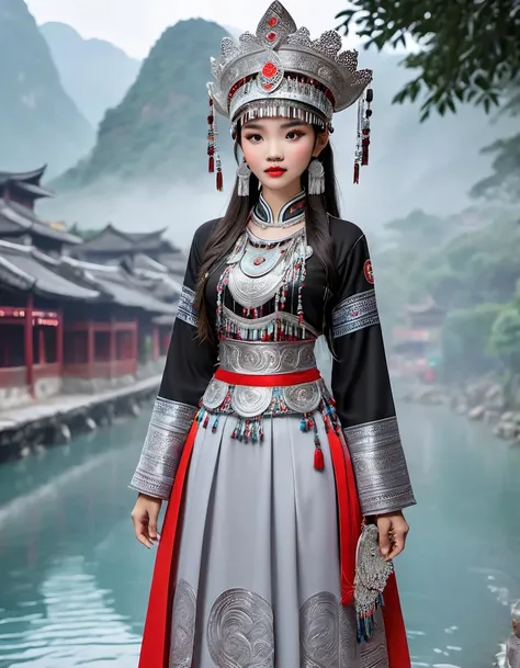 (best quality,8K,masterpiece:1.2),landscape background，Lijiang River mist and rain，Beautiful karst landforms，Astonishing,Inspired by the myths and legends of Guilin, China:Liu Sanjie，Gorgeous Chinese girl,Queen,Detailed skin details,Bright Eyes,Gorgeous ey...