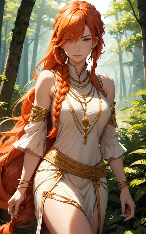 Flamme, (young Lena Headey:Evangeline Lilly), A 35-year-old woman with orange hair, green eyes, sideburns, one large braid, a gold necklace with a ruby pendant, dressed in a white Greek tunic and Roman sandals, with gold bracelets on her arms, forest in th...