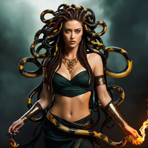 looks like amber heard, fierce looks, fiery and glowing eyes, dark fantasy art of  medusa a woman with snake dreads holding a sn...