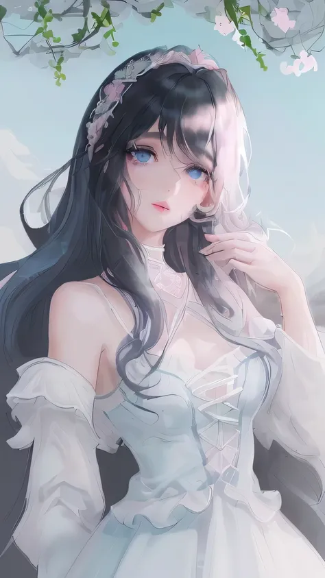 Top quality, very high resolution, beauty 1 female, medium length wavy hair, black hair, pastel light blue colored eyes, pretty face, fair skin, soft gaze, natural pink lips, looking at the viewer, plain white dress. enjoying the  Beautifull princess.