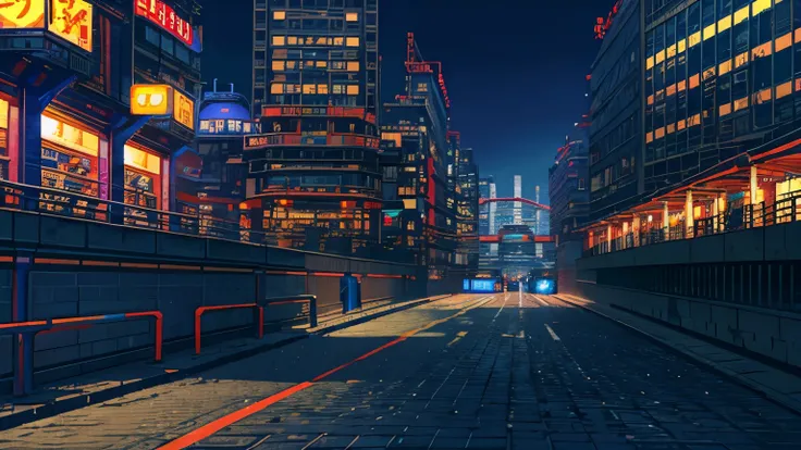 pixel, pixel art, nintendo game scene, cold colors, blue, tokio at night, sky scrapers, skyline, modern, colorful lights, night in tokio, dark,