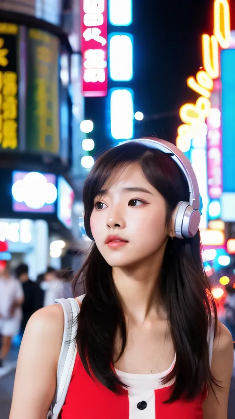 Beautiful Korean K-Pop Idol Women Photos, headphone, kabukicho, film grain, lo-fi, Tokyo, tits,