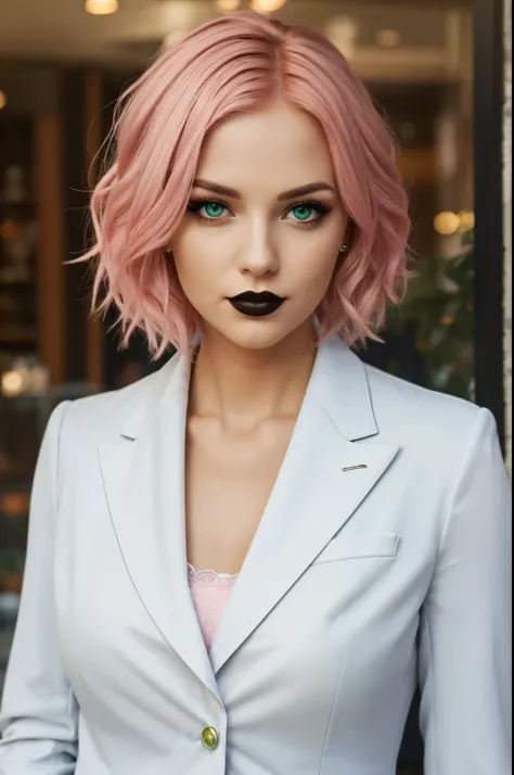 woman in a suit, short pink hair, green eyes, goth