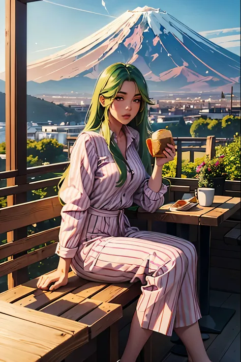 Beautiful girl, long green hair, having coffee and sandwich, in a cafe, sunlit, mount Fuji in view, full body shot, wearing slacks and striped pink full sleeves shirt