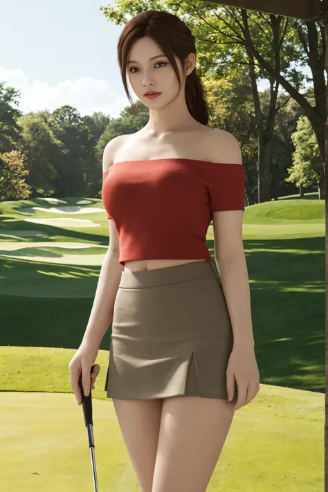 Claire Redfield from Resident Evil, posing seductively to viewer, solo:1, pov, beautiful thick thighs, realistic hands, standing
Sunny Golf Club background, long auburn hair, 3/4 body, off-shoulder buttoned top with mini skirt