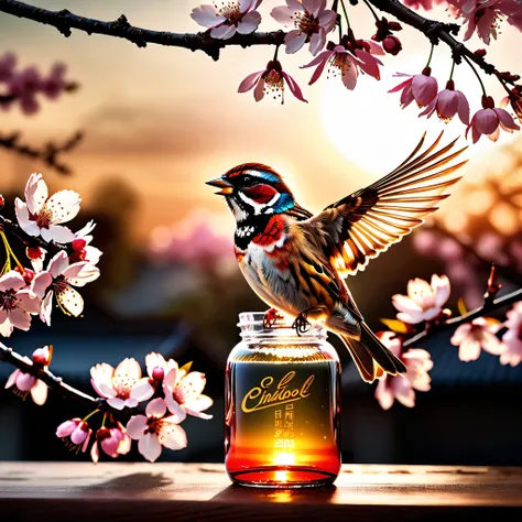 sunset "Sparrow bird with open wings spread upwards perched on a cherry blossom branch, top masterpiece of superior high-quality, officially beautiful art and aesthetics, realistic and detailed, yang08k." on sakura tree in a bottle, fluffy, atmospheric lig...