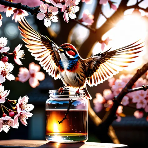 sunset "Sparrow bird with open wings spread upwards perched on a cherry blossom branch, top masterpiece of superior high-quality, officially beautiful art and aesthetics, realistic and detailed, yang08k." on sakura tree in a bottle, fluffy, atmospheric lig...