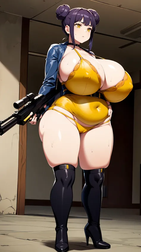 Slime girl, (slime), Slime hair Double buns hair style, Pumpkin Orange, weapon belt, Masterpiece, Best Quality, gigantic breasts, slime girl, slime girl, purple hair, lavender hair, yellow clothes, weapon belt around waistline, rifle, long rifle, AR-15 Rif...