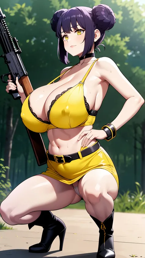 Slime girl, (slime), Slime hair Double buns hair style, Pumpkin Orange, weapon belt, Masterpiece, Best Quality, gigantic breasts, slime girl, slime girl, purple hair, lavender hair, yellow clothes, weapon belt around waistline, rifle, long rifle, AR-15 Rif...