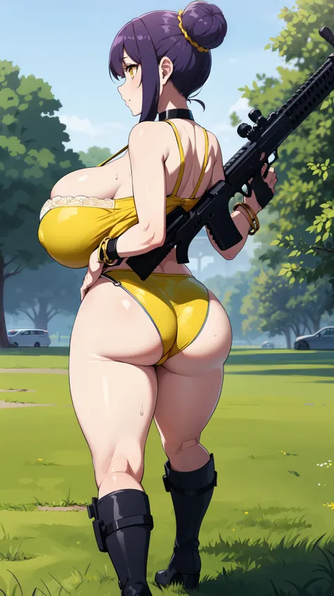 Slime girl, (slime), Slime hair Double buns hair style, Pumpkin Orange, weapon belt, Masterpiece, Best Quality, gigantic breasts, slime girl, slime girl, purple hair, lavender hair, yellow clothes, weapon belt around waistline, rifle, long rifle, AR-15 Rif...