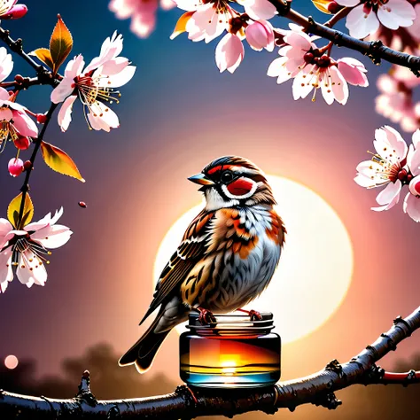 sunset "sparrow bird with open wings spread upwards perched on a cherry blossom branch, top masterpiece of superior high-quality...