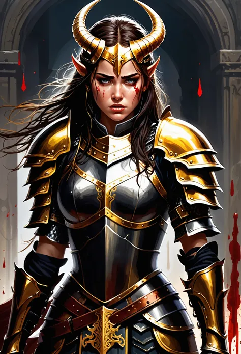 armand guillemann style, character concept design, half painting, depicts a female warrior with a golden head and horns, wearing...