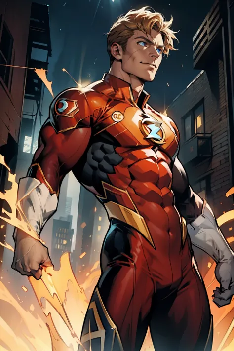 The Flash, clad in his iconic red suit with a golden lightning bolt emblem, stands before us with a hopeful expression gracing his chiseled features. In his hand, the distinctive blue lantern ring gleams, its power radiating palpable energy. His piercing b...