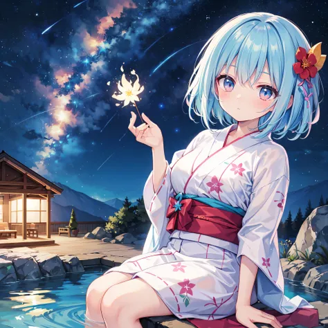 （masterpiece）、(highest quality)、((Super detailed))、(super delicate)、pastel colored hair、beautiful breasts、yukata、Hot spring at night、fantastic starry sky