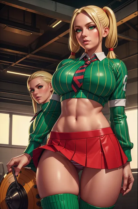 blonde woman,pigtails,midriff,short skirt,tight top,tie,striped socks,heavy boots,(red and green),panties,,(best quality,8k,ultra-detailed,realistic:1.37),HDR,UHD,studio lighting,(photography),vivid colors,sharp focus,landscape,dynamic lighting