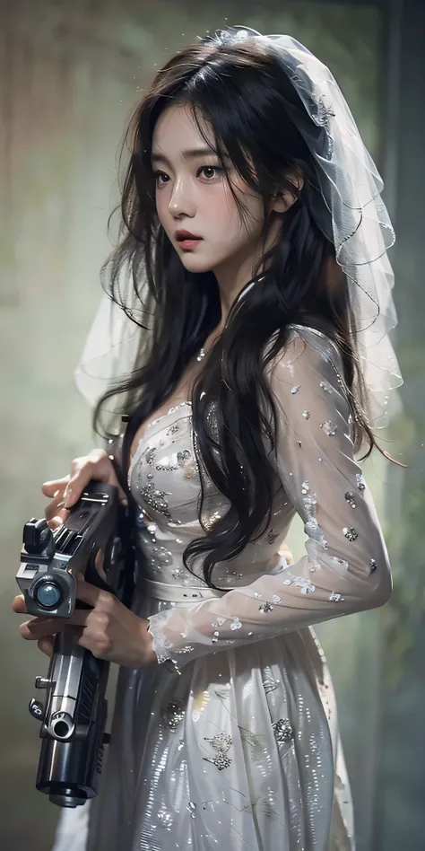 (highest image quality), (masterpiece), (vibrant, photography realistic, Realistic, Dramatic, Dark, Sharp focus, 8K), beautiful, Highly detailed face and skin texture, sexy wedding dress, ethereal beauty, mature asian woman,black hair, super long hair, mak...