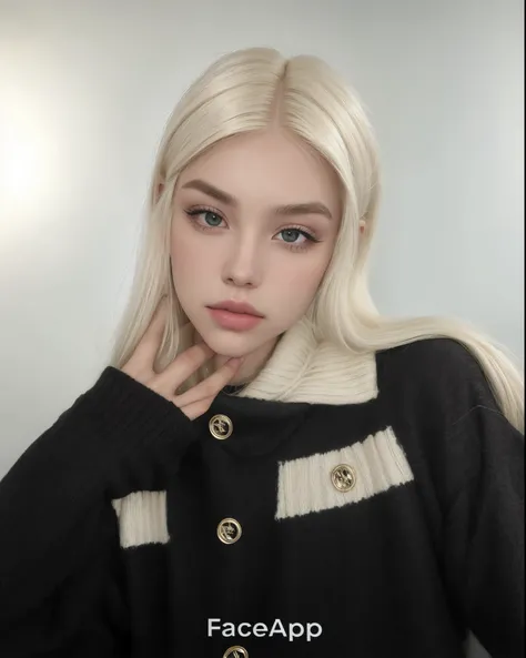 Blonde woman with long hair and a black sweater posing for a photo., su cabello es blanco, perfect pelo blanco girl, ava max, chica con pelo blanco, con el pelo largo y blanco, con pelo largo y blanco, pelo blanco, con pelo largo y rubio, cara bonita de pe...