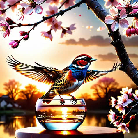 sunset "Sparrow bird with open wings spread upwards perched on a cherry blossom branch, top masterpiece of superior high-quality, officially beautiful art and aesthetics, realistic and detailed, yang08k." on sakura tree in a bottle, fluffy, atmospheric lig...