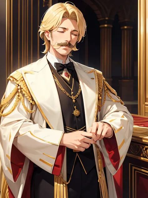 King standing in the royal palace,Medium hair, mustache, 35 years old, blonde hair, closed eyes, royal clothes, ultra detailed,Close up photo,slight smile