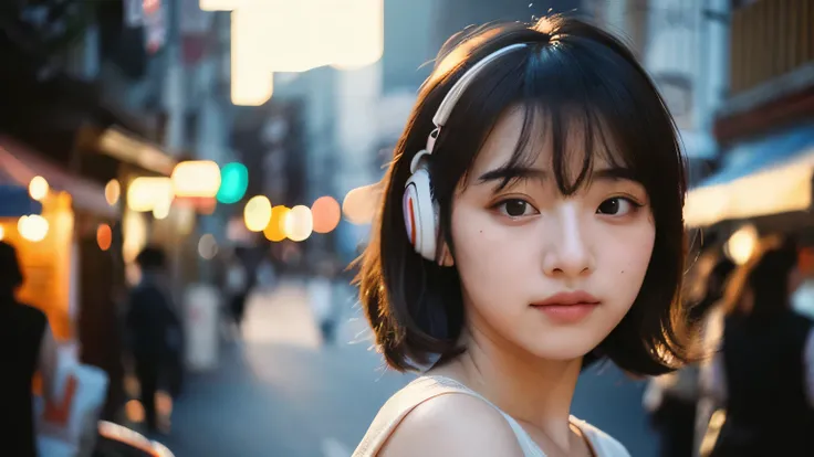 Beautiful Korean K-pop idol woman posing on a dimly lit balcony in the lively district of Kabukicho, Tokyo. The setting sun casts a warm light, Orange glow over a busy cityscape in the background. Idols are wearing headphones, crazy about her music, unawar...