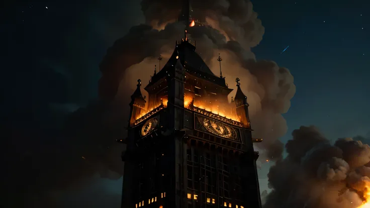 London Big Benn tower Burning because of an alien attack. "ultra-high resolution"