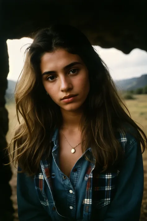 photograph of a woman, (troubled facial expression), textured skin, goosebumps, blonde afro hair, plaid flannel shirt with distressed boyfriend jeans, cowboy shot, dark and mysterious cave with unique rock formations and hidden wonders, perfect eyes, (cand...