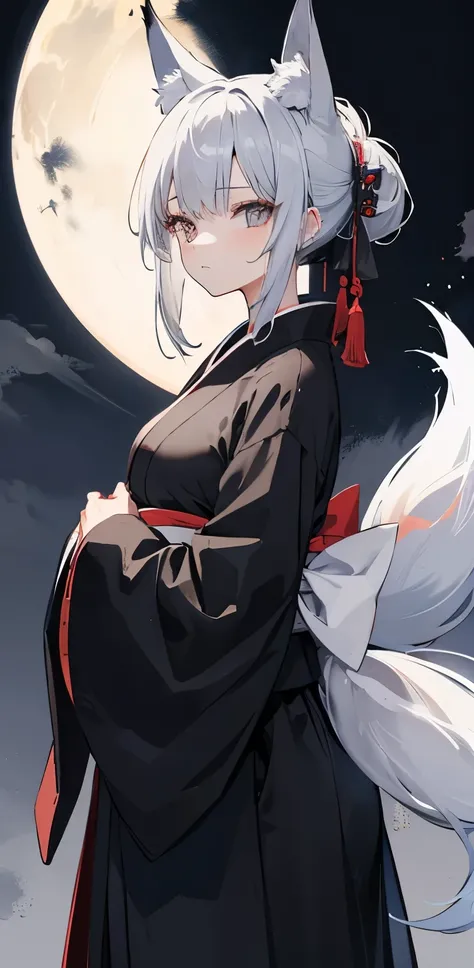 gray hair、odd eye、black hakama、fox ears、fox tail、Japan、scared、girl