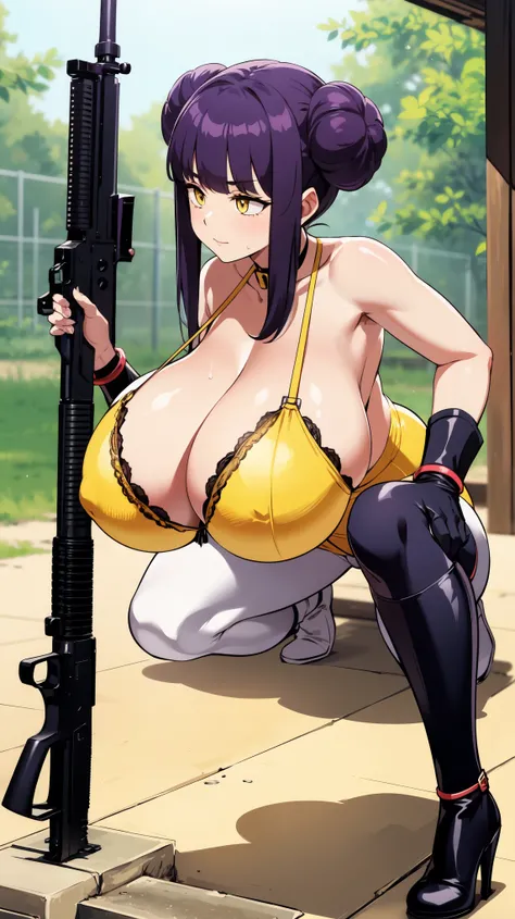 Slime girl, (slime), Slime hair Double buns hair style, Pumpkin Orange, weapon belt, Masterpiece, Best Quality, gigantic breasts, slime girl, slime girl, purple hair, lavender hair, yellow clothes, weapon belt around waistline, rifle, long rifle, AR-15 Rif...